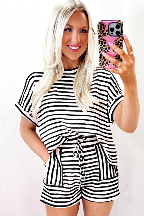 Stripe Knitted Short Sleeve Top and Drawstring Shorts Set